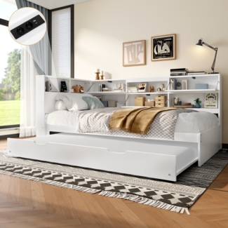 Merax Daybett, Kinderbett, Schlafsofa, 90x200cm, Kopfteil mit Staufach, Ausziehbares Bett, Ohne Matratze, Weiß