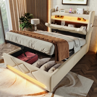 Merax Einzelbett Polsterbett 90*200cm, Stauraum Kopfteil mit USB und Typ C-Port ,360-Surround-LED-Funktion rund um Kopf- und Fußende des, Betten mit Hydraulisch Stauraum, Beige , Leinen(Ohne Matratze)