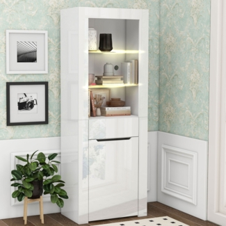 Merax Vitrine mit LED-Lichtern Bücherschrank Aktenschrank Standvitrine Aufbewahrungsschrank mit Regalen Vitrinenschrank Küchenschrank Bücherschrank