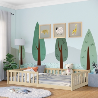 Bellabino 'Vere' Bodenbett 120x200 cm, natur, Massivholz Kiefer, Montessori Kinderbett mit Rausfallschutz und Lattenrost