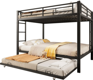 Etagenbett mit Gästebett, Lattenrost, Leiter und Rausfallschutz, 140x200cm, Kinderbett, Jugendbett, Metallbett