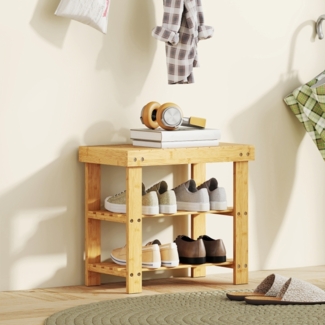 Schuhbank Bambus, Sitzbank mit Schuhregal, 2 Ablagen für bis zu 4 Paar Schuhe, bis 136kg, robust, natürlich, für Flur