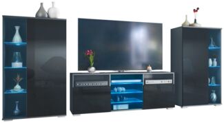 Vladon Wohnwand Davos, (Anbauwand, bestehend aus 2 Vitrinen, 1 TV-Board und LED-Beleuchtung), Anthrazit matt/Schwarz Hochglanz (329 x 134 x 35 cm)