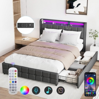 LOVONLIVE Polsterbett Doppelbett mit LED,Ladefunktion & 2 Stauraum Polsterbett 140x200 cm (Polsterbett mit LED, Stauraum und moderner Ladefunktion, Lattenrost, Anleitung, LED-Leiste, Ladefunktion am Kopfteil), Mit RGB-LED, Ladefunktion, Type-C & praktis...
