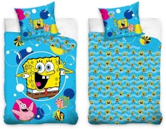 MTOnlinehandel Kinderbettwäsche SpongeBob Schwammkopf 135x200 + 80x80 cm, 100 % Baumwolle, Renforcé, 2 teilig, SpongeBob und Patrick Kinderbettwäsche für Jungen und Mädchen