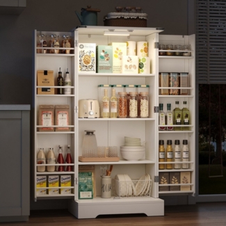 Flieks Hochschrank Küchenschrank mit LED-Beleuchtung und Türablagen (1-St, B60/T35/H128,5 cm) Speiseschrank mit verstellbaren Regalen Mehrzweckschrank weiß