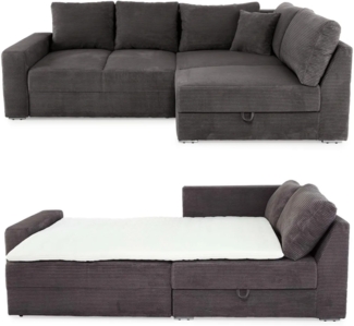 ECKSOFA-DAUERSCHLÄFER Boxspring Federkern Topper Bettkasten, seitenverkehrt montierbar B260/T181/H88 cm in Cord Grau Anthrazit