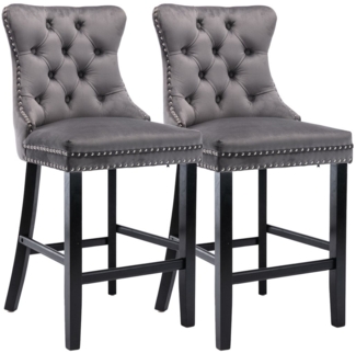 SeedWave Barhocker Mit Rückenlehne, 2er-Set Samt Barstuhl mit Verstellbaren Schrauben, Polsterhocker inkl. 4 Holzfüße mit Fußstütze, Nieten und Knopf-Design