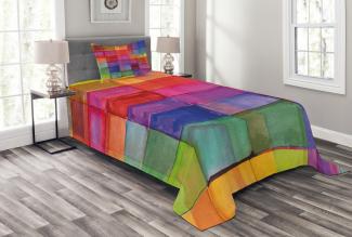 Abakuhaus Tagesdecke Set mit Kissenbezügen Waschbar, Abstrakt Regenbogen-Farben-Quadrate