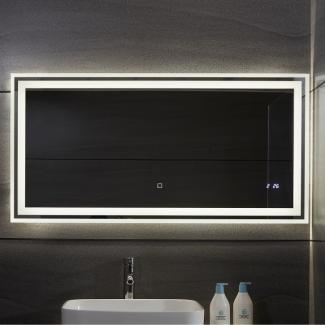 Aquamarin® LED-Badspiegel Beschlagfrei, Dimmbar, Energiesparend & Digitaluhr/Datum, 3000-7000K, 120x60 cm