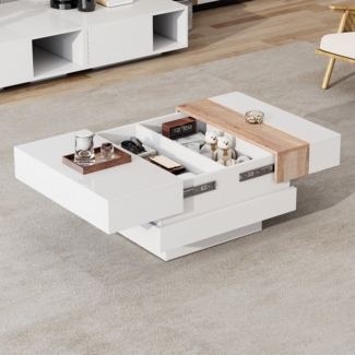 HAUSS SPOLE Couchtisch hochglanz mit ausziehbarer Tischplatte, mit verstecktem Stauraum weiß (Beistelltisch, Sofatisch, Wohnzimmertisch, 1-St, 70*70*39cm), mit verstecktem Stauraum