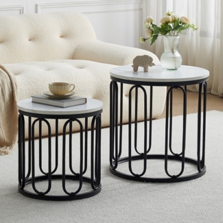 Fanttik Couchtisch Beistelltisch (2er Set), Rundes Satztisch-Set mit Metallrahmen und Holzplatte für Wohnzimmer
