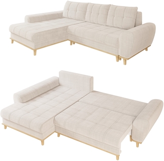 ECKSOFA im Scandi-Stil mit Schlaffunktion und Bettkasten B268/T175/H86 cm, Bouclé Chenille Stoff in Beige