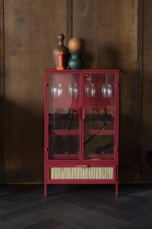 Weinschrank Weinregal MORI Vitrine aus Metall Rot mit Rattanschublade