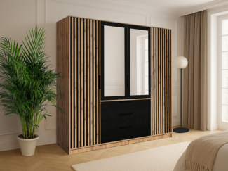 Vente-unique - Kleiderschrank mit 4 Türen & 3 Schubladen - Mit Spiegel - 196 cm - Holzfarben & Schwarz - LIRMADA