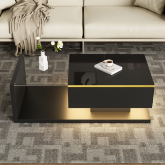 Couchtisch 100x50 cm Hochglanz Schwarz LED Beleuchtung App Steuerung 16 Farben Glasplatte Wohnzimmer
