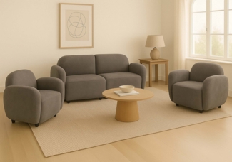 Wohnzimmer-Set HWC-P33, 2er-Sofa 2x Sessel, Stoff/Textil Chenille (330 g/m²) Öko-Tex ~ hellgrau