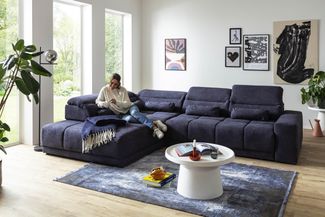 Polstergarnitur >Donaugh< Sitztiefen + Kopfteilverstellungen, blau-schwarz - 323x76x231 (BxHxT)