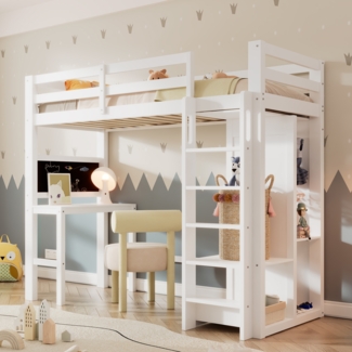 Merax Kinderbett 90x200 cm Hochbett mit Schreibtisch Offener Kleiderschrank und Regalen Kinderbett mit Lattenrost und Rausfallschutz Einzelbett Liegefläche -109x206x184cm, Weiß