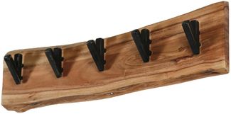 Garderobe Bord aus massivem Akazienholz, modern mit Baumkante, natur, 5 schwarze Haken