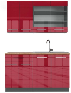 Singleküche Fame-Line Bordeaux Hochglanz/Anthrazit 140 cm , AP Eiche Vicco