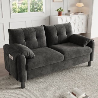 Modernes 2-Sitzer Sofa aus Chenille mit Seitentaschen, weichen Armlehnen und dicken Sitzkissen – Kompaktsofa für Wohnzimmer & kleine Räume