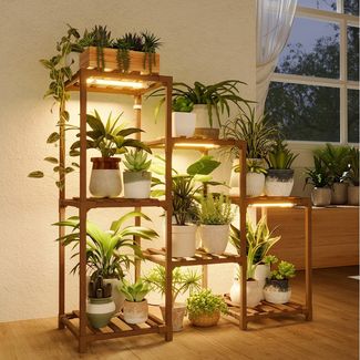 Bamworld Blumenständer Pflanzenständer mit Pflanzenlampe, Holzregal mit Warmlicht (1 St), 4 Ebenen, viel Platz für mehrere Pflanzen