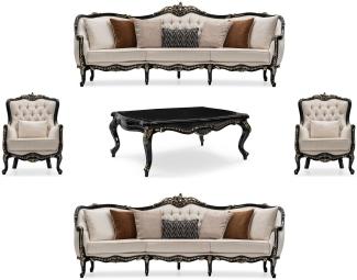 Casa Padrino Luxus Barock Wohnzimmer Set Creme / Schwarz / Gold - 2 Sofas & 2 Sessel & 1 Couchtisch - Handgefertigte Wohnzimmer Möbel im Barockstil - Edel & Prunkvoll