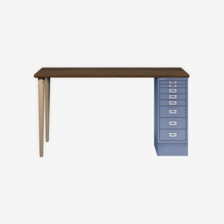 MultiDesk, 2 Eichenfüße, 1 MultiDrawer mit 8 Schüben, Dekor Nussbaum, Farbe Blau, Maße: H 740 x B 1400 x T 600 mm