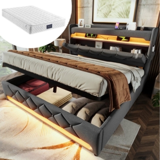 HAUSS SPOLE Polsterbett 160x200, Stauraum Kopfteil mit USB, Typ C-Port,LED-Licht Leinen Grau (Struraumbett, Funktionsbett, 160*200, Mit Matratze (H25cm), Stauraum Kopfteil mit USB und Typ C-Port, LED-Funktion