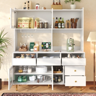 Sideboard Küchenschrank mit Changhong-Glastür Weinregal Schubladen großer Stauraum Holzoptik Anrichte Buffet,Weiß