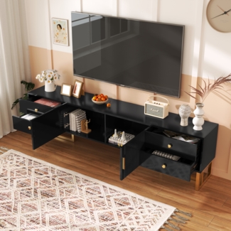 TV-Schrank, niedriges Paneel mit strukturierter Tür,175×30×46 cm, Schwarz,modernes Design, viel Stauraum