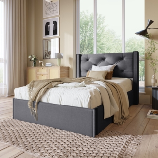 Polsterbett 90x200 cm mit Hydraulik und Stauraum aus Baumwolle – Retro-inspiriertes Design mit hoher Funktionalität