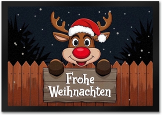 speecheese Fußmatte Rentier mit Weihnachtsmannmütze Frohe Weihnachten Fußmatte in 35x50