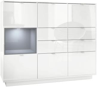 Highboard Sideboard Metro V2, Korpus in Weiß Hochglanz / Fronten in Weiß Hochglanz mit Einsatz in Grau Hochglanz, inkl. LED Beleuchtung