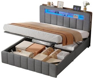 MSMASK Polsterbett Hydraulisches Bett mit LED-Bleuchtung und Ladestation (1-tlg, Ohne Matratze), Jugendbett mit Stauraum 140x200cm, Leinen