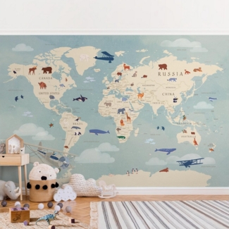 Bilderdepot24 Kindertapete Karte Tiere Welt Kinder Retro Vintage Weltkarten Tiere blau modern, Glatt, Matt, (Vliestapete inkl. Kleister oder selbstklebend), Mädchenzimmer Jungenzimmer Babyzimmer Bildtapete Fototapete Wandtapete