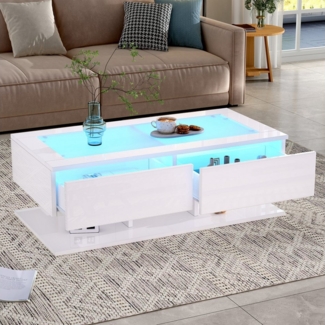 REDOM Couchtisch Hochglanz Couchtisch mit Glasplatte und LED-Beleuchtung (Wohnzimmertisch, Satztisch, 1-St, 2 Schubladen, 100*50*35cm), mit LED-Licht