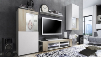 Vladon Wohnwand Movie, Anbauwand bestehend aus 1 TV-Board, 2 Vitrinen und 1 Regal, Weiß matt/Weiß matt/Eiche Sägegrau, inkl. LED-Beleuchtung weiß (Gesamt: 300 x 190 x 39 cm)