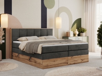 Boxspringbett, Doppelbett mit zwei 7 Härtezonen Multipocket-Matratzen, Bettkästen, Eiche Wotan Holzrahmen, Polsterbett mit Topper-Matratze - ALBERO 1 KING - 160 x 200 cm - Dunkelgrau Velours - H4