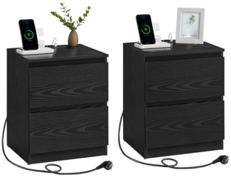 VASAGLE Nachttisch mit Steckdosenleiste, 2er Set, Beistelltisch, 2 Schubladen, 2 AC-Steckdosen, 1 USB-A-Anschlüsse, 1 USB-C-Anschluss, Wohnzimmer Schlafzimmer, modern, ebenholzschwarz LETDE821B02