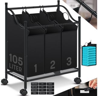 KESSER® Wäschekorb Wäschesammler Wäschesortierer mit abnehmbaren Stofftaschen | Wäschebox mit 12 Waschhinweisen 360° Rollen mit Bremse Wäsche-Sortiersystem Wäschewagen Schwarz, 4 Fächer