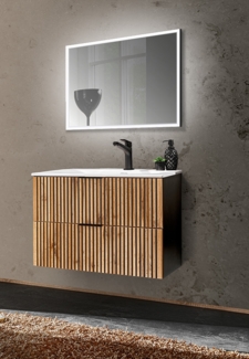 Waschplatz Set mit 81 cm Waschtisch und Keramik Waschbecken, Spiegel XANTEN-56 in anthrazit mit Eiche Nb. schwarz gerillt, B/H/T: ca. 81/200/46 cm