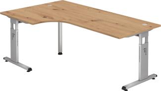 bümö® Eckschreibtisch O-Serie höhenverstellbar, Tischplatte 200 x 120 cm in Asteiche, Gestell in silber