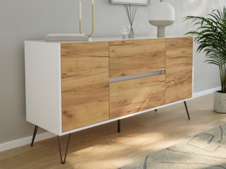 Sideboard Yako 140cm 2 SoftClose 2 Türen Weiß/Eiche Front : Oak Gold / Weiss hochglanz