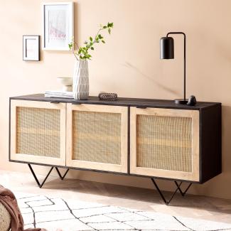 FineBuy Sideboard 175x75x45 cm Mango Massivholz / Rattan Kommode mit 3 Türen, Hoher Kommodenschrank Schwarz / Braun, Standschrank Wohnzimmer, Anrichte Rohrgeflecht Braun