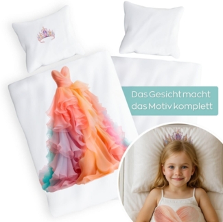 Carpe Sonno Kinderbettwäsche 135x200 Mädchen Baumwolle Prinzessin Bettwäsche Kinder Teenager ÖKOTEX, Renforcé, 2 teilig, Dein Gesicht vervollständigt das Muster - Kleid