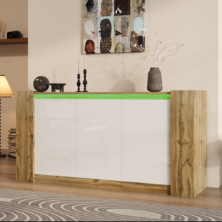 Merax Sideboard, Schränke in Hochglanzweiß und Holz, griffloses Design, abgeschrägte Türen, die gleichzeitig als Griffe dienen, sanft schließende Scharniere und verstellbare Regale