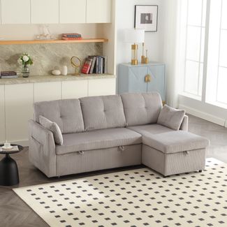 Multifunktionales L-förmiges Schlafsofa mit verstecktem Stauraum, 3 große Kissen, 2 kleine Kissen, seitliche Ablagefächer,Hellgrau