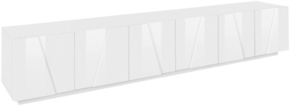 Dmora TV-Schrank Aemilor, niedriges Wohnzimmer-Sideboard, Fernsehständer-Basis, 100 % Made in Italy, 244 x 44 x 46 cm, glänzendes Weiß,